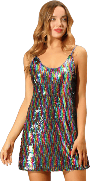 Allegra K Women's Glitter Sequin V Neck Adjustable Straps Prom Mini Dress