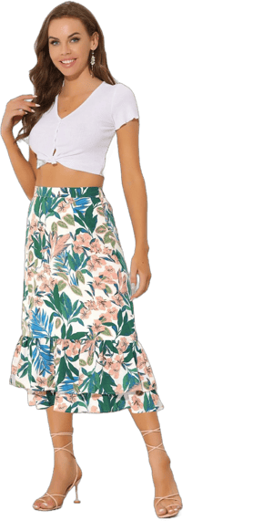 Allegra K Women's Printed Skirt Chiffon Elastic Waist Ruffle Tiered Flowy Midi Skirts