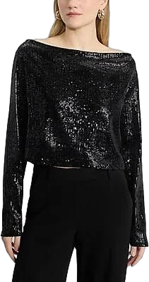 Women's Sequin Boat Neck Long Sleeve Crop Boyfriend Top