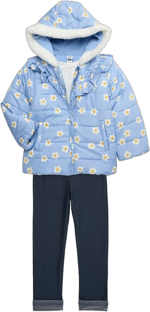 Little Me Little Girl's 3-Piece Floral Puffer Jacket, Tee & Leggings Set