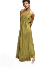 SELENA Long Dress Goddess Olive Green Maxi Open Back Cotton Festival Boho Naturally Dyed Block Printed Tribal Hippie Patterns Earthy AJJAYA