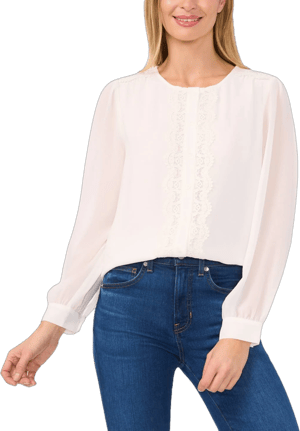 CeCe Women's Lace-Trim Button-Front Long-Sleeve Blouse