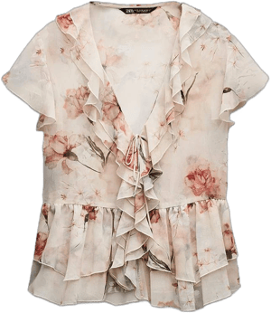 Zara Women's Floral Print Ruffle Blouse with Tie