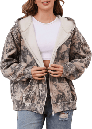 Eutten Womens Camo Zip Up Hoodie Long Sleeve Maple Leaf Print Oversized Hooded Jacket Fleece Full Zip Sweatshirt with Pockets