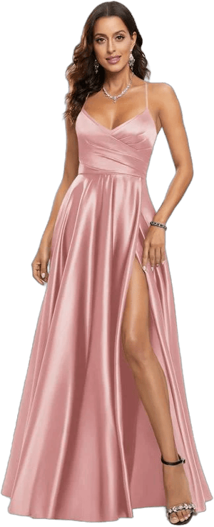 JJ's House A-Line V-Neck Floor-Length Satin Prom Dress