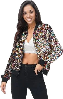 Anna-Kaci Women's Sequin Bomber Zip-Up Jacket