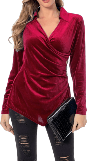 Women's Velvet Long Sleeve Collared Cross Wrap V Neck Ruched