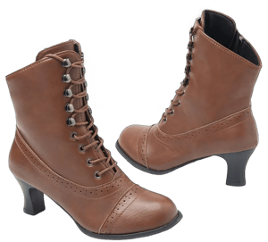 Women's Victorian Brown Lace-Up Mid-Heel Boots with Zipper