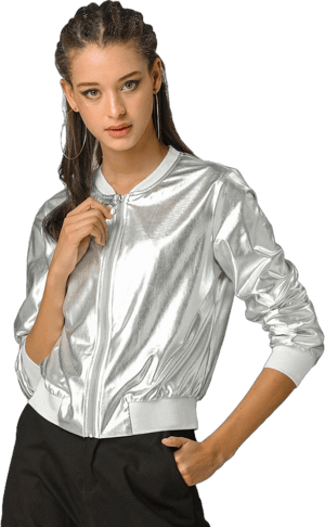 Allegra K Women's Holographic Shimmering Metallic Lightweight Bomber Jacket