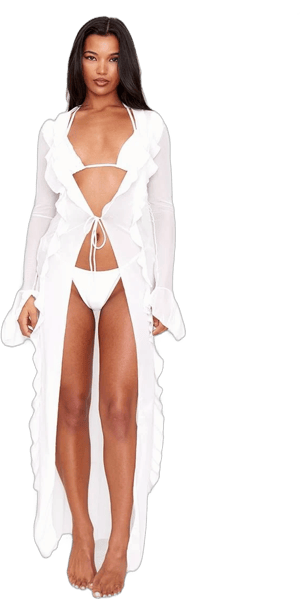 Women's White Mesh Frill Maxi Beach Kimono