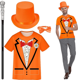 Kavoc 4pcs Men Dumb Orange Costume Set Top Hat Orange Tuxedo T-Shirt Bow Tie Walking Cane for Halloween Novelty Cosplay