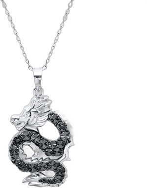 Sterling Silver Dragon Necklace with Black Diamond Accents