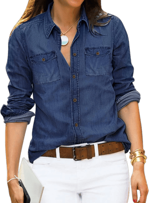 Women's Collared Long Sleeve Denim Shirt with Pocket