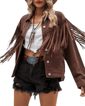 Vetinee Denim Jacket for Women Fringe Trucker Jean Jacket Distressed Western Cowgirl Shacket Jackets Coachella Festival