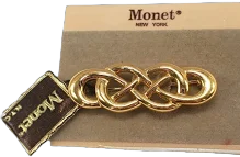 Vintage Signed Monet York Celtic Knot Bar Brooch Pin Gold Tone 1-1/2"