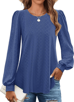 ZESICA Women's Long Sleeve Crew Neck Eyelet Top