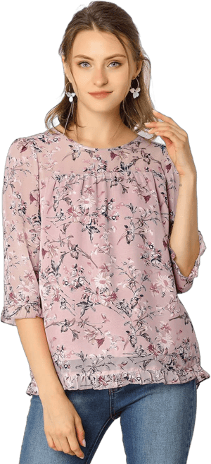 Allegra K Women's Casual Ruffle 3/4 Sleeve Floral Print Chiffon Blouse