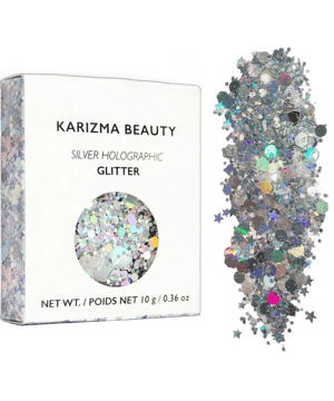 KARIZMA Holographic Silver Body Glitter. 10g Glitter for Chunky Face , Hair, Eye and Body for Women. Rave Glitter