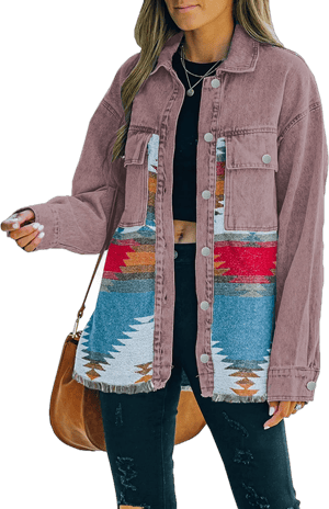 Lumister Women's Distressed Aztec Denim Jacket