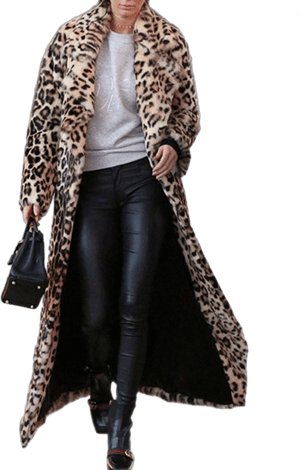 Djbm Women's Sexy Elegant Vintage Leopard Print Lapel Faux Fur Long Maxi Coat Jacket