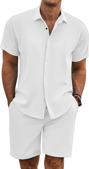 COOFANDY Men's 2 Piece Linen Short Sleeve Shirt and Shorts Set