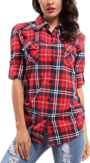 OCHENTA Women's Roll Up Sleeve Plaid Flannel Shirt