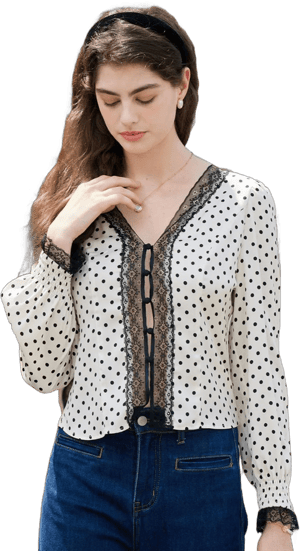 Simple Retro Polka Dot V-Neck Lace Lantern Sleeve Blouse