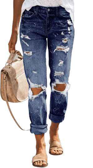 KUNMI Women's Mid-Waisted Ripped Stretchy Denim Pants