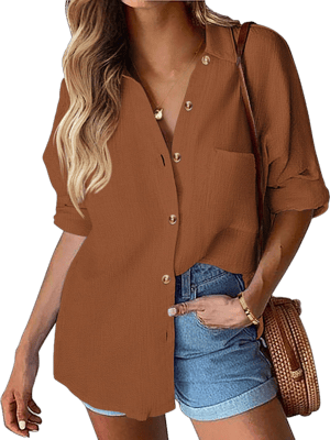 Women's Casual Loose Fit Linen Long Sleeve Button Down Shirt