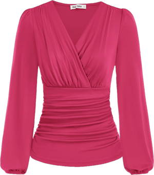 Women's Elegant Ruched V Neck Long Sleeve Wrap Blouse