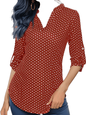 Vintage Polka Dot 3/4 Roll Sleeve Notch V Neck Top