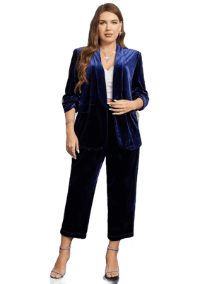 Plus Size Velvet Lapel Open Front Blazer Jacket and Pants Suit