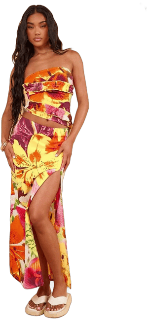 Tropical Floral Print Frill Maxi Skirt