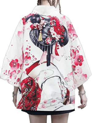 LAI MENG FIVE CATS Women's Floral Print Puff Sleeve Loose Blouse Japanese Kimono Cover up Casual Cute Tops