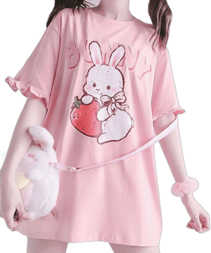 Lumber Star Women's WomenJapanese Cute Lolita Pink T-Shirt Summer Kawaii Strawberry Rabbit Print Ruffle T-Shirt