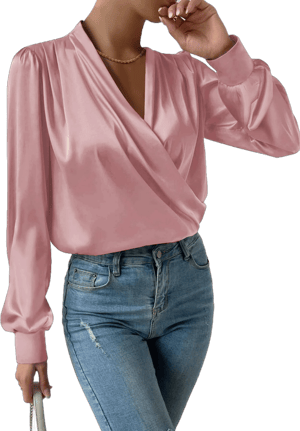 Vrtige Women's Satin Silky Draped Wrap V Neck Ruched Long Sleeve