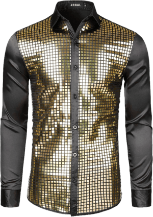 JOGAL Men's 70s Disco Long Sleeve Sequin Shirt