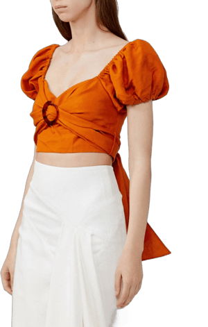 Significant Other Womens Orange Stretch Pleated Tie Pouf Sleeve Sweetheart Neckline Evening Crop Top