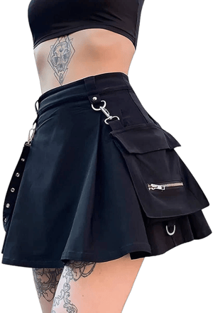 Ruolai Gothic Pleated Mini Skirt with Chain High Waist Pockets