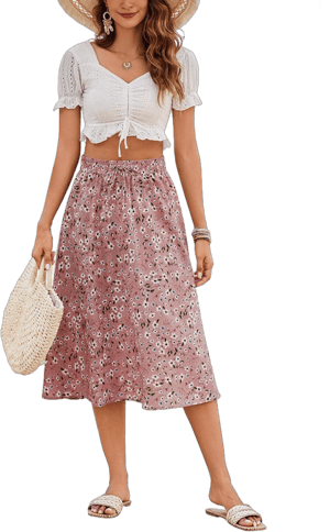 Women's Floral Print Pleated Elastic High Waisted Midi Skirt