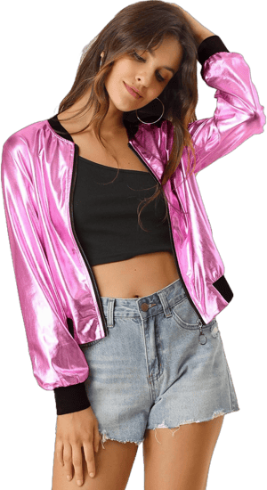 Allegra K Women's Holographic Shimmering Metallic Lightweight Bomber Jacket