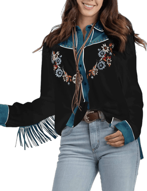 John Moon Women's Retro Western Long Sleeve Embroidered Shirt