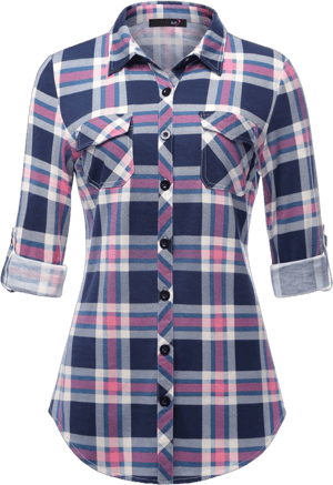 Women's Soft Stretchy Knit Plaid Roll Up Shirt