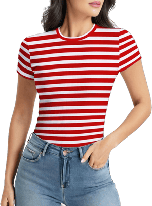 Women's Fitted Round Neck Short Sleeve Striped T-Shirt