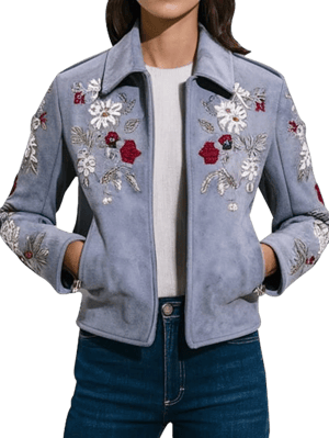 Suede Jacket with Mexican Floral Embroidery