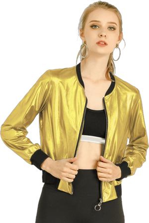 Allegra K Women's Holographic Stand Collar Metallic Bomber Jacket