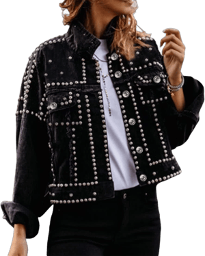 PUWEI Women's Dressy Rivet Studded Cropped Denim Jacket