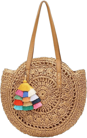 Straw Round Tote Bag with Pom Poms