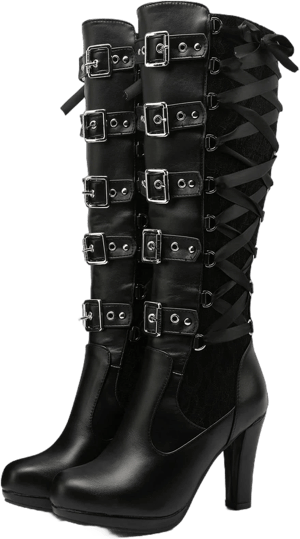 Women's Lace Up Knee High Boots with Buckle Block Heel