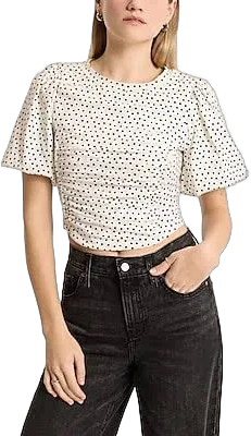 Express Women's Polka Dot Crew Neck Puff Sleeve Ruched Crop Top